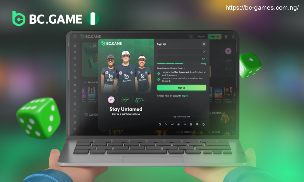BC Game lets users over 18 create a profile via its official site or free application